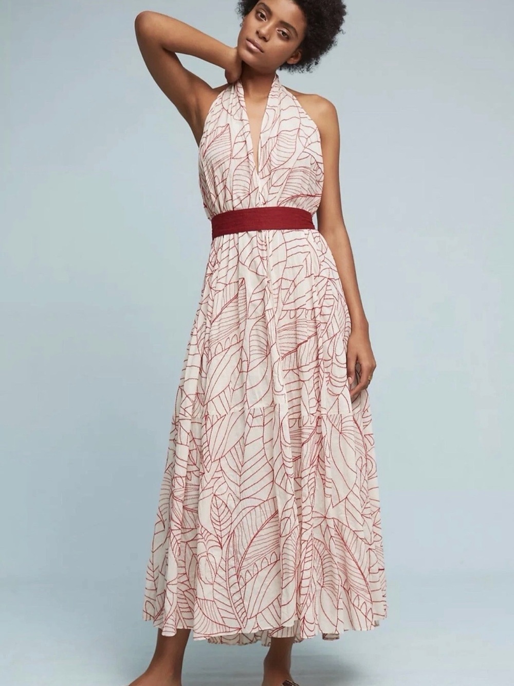 Anthropologie Cream Maxi Dress with Red Leaf Print - Picture 1 of 11
